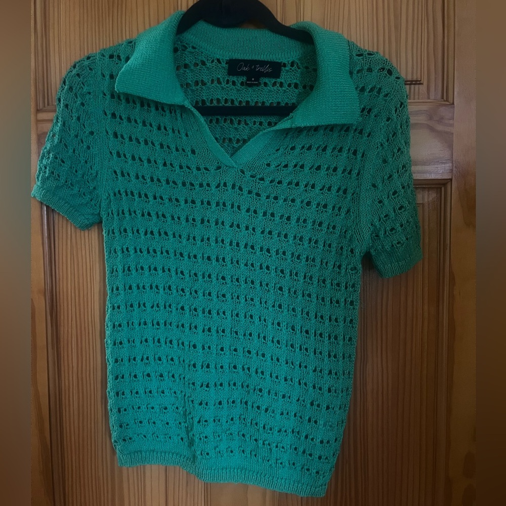 Oak & Trellis Open-Knit Polo Top in Kelly Green  sz M